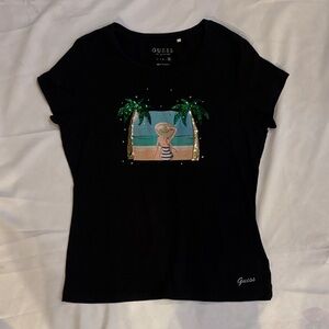 Vintage Guess Black Tee with Tropical Graphic